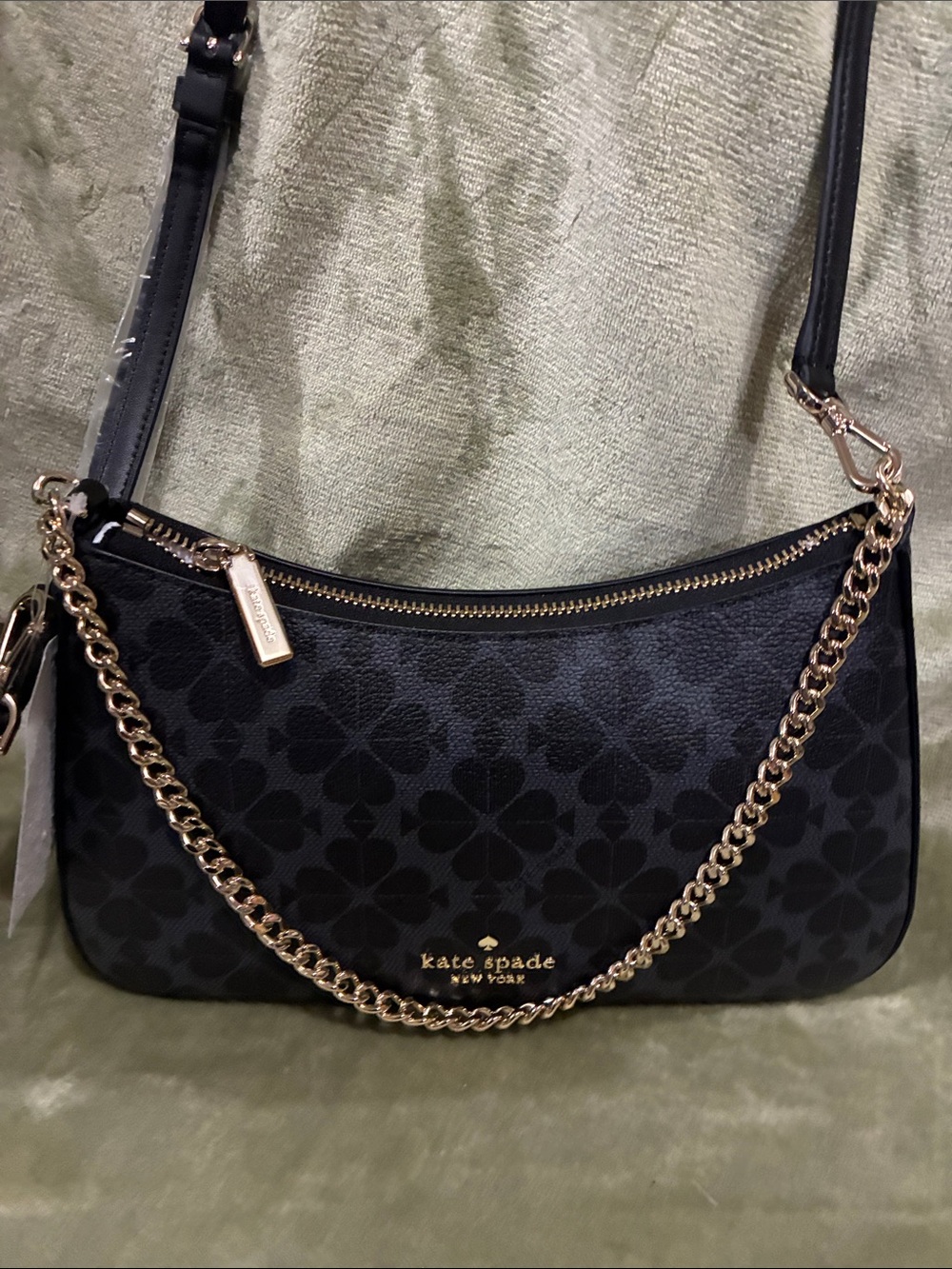 kate spade Black Spade Floral Jacquard Chain Shoulder Bag with Gold Hardware